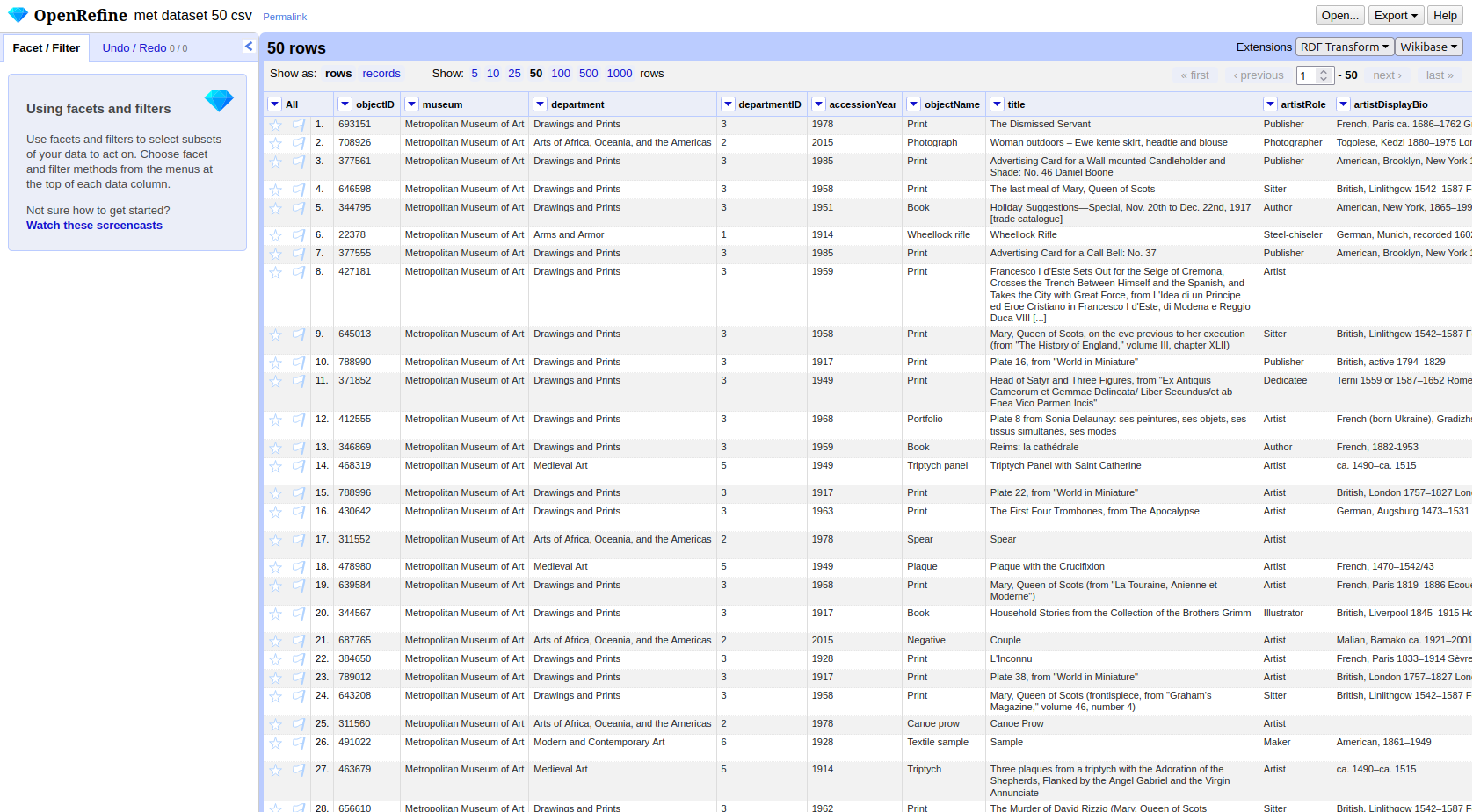 OpenRefine project view with the Met dataset loaded