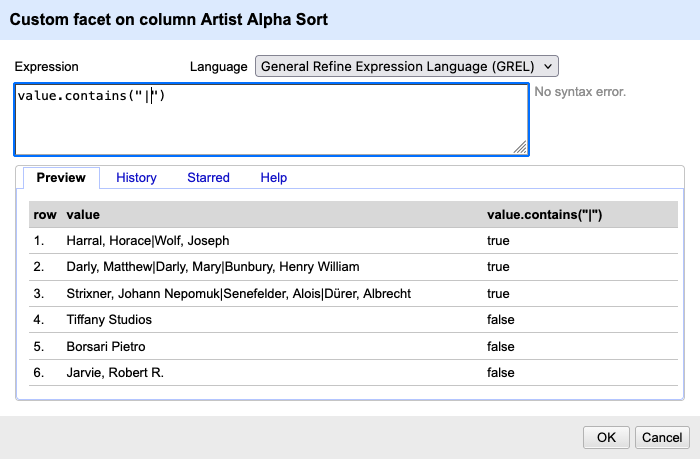 Screenshot of the Custom facet on column …