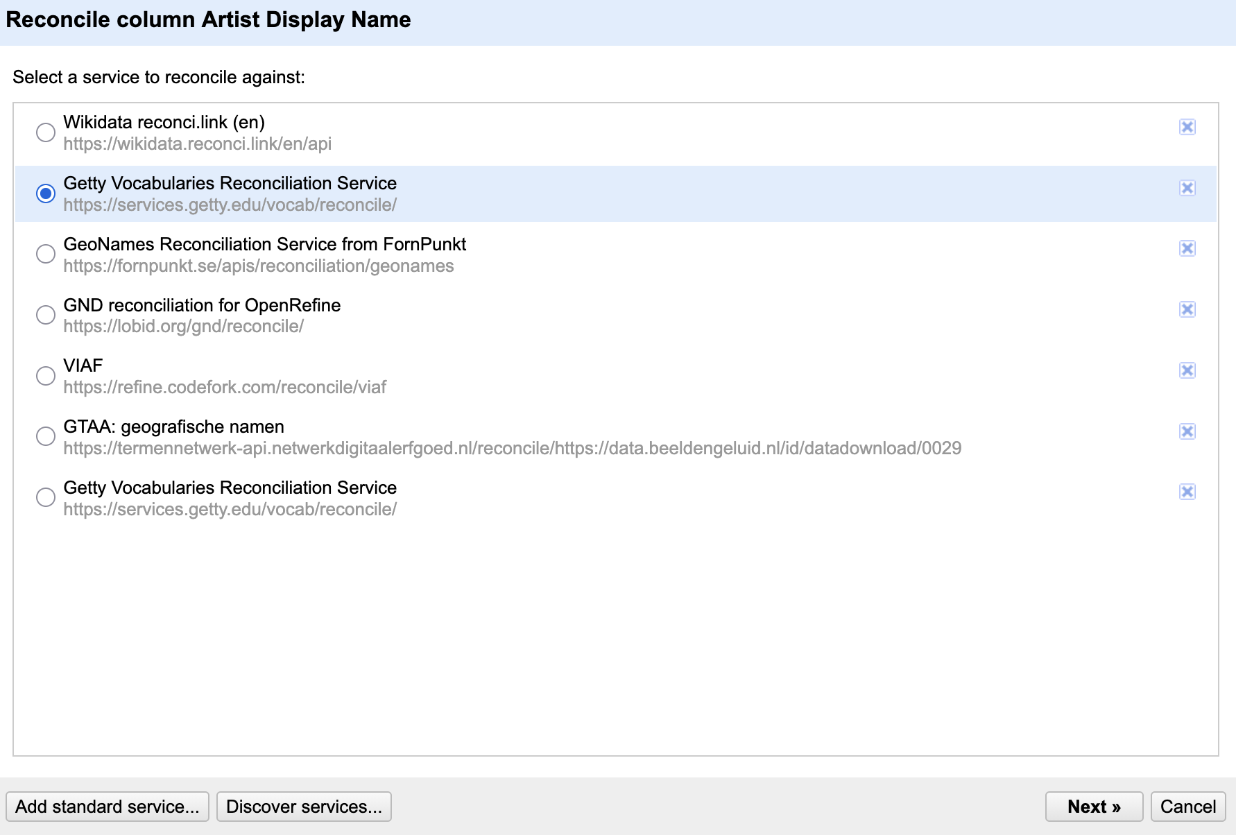 Screenshot of the Reconciliation Service Window